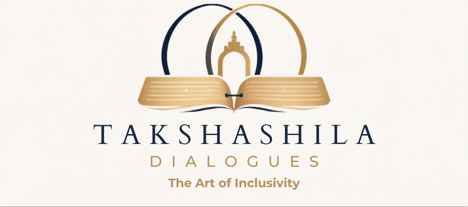 Takshashila Dialogues: an open book beneath the stupa arch and two interlocking circles, with the words Takshashila Dialogues and the line The Art of Inclusivity